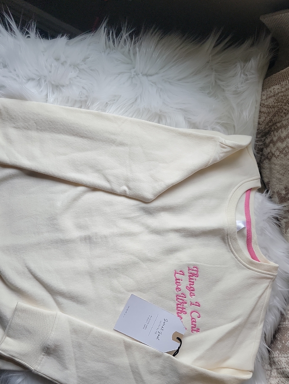 Cream Crewneck Sweatshirt with Pink Script Embroidery